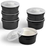 homEdge Porcelain Ramekins Set with Lid, 240 ml / 8 Fl Ounces Ice Cream Bowl, Creme Brûlée Ramekins Soufflé Cup for Baking, Set of 6 Black