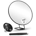 30X Magnifying Mirror, 15cm Large Makeup Magnified Mirror with 30X Magnification, 3 Suction Cups and Stand for Handheld, Table, Wall-Mounted, Travel Compact Magnifier Mirror 30x with Tweezers