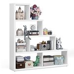 Tangkula 10 Shelves Bookshelf, L Shaped Freestanding Ladder Corner Bookshelf 6 Cubes Stepped Etagere Bookcase, 5 Tier Wooden Storage Display Shelf for Home Office, 61 x 11 x 64 Inches (White)