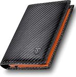 TEEHON Wallets RFID Blocking, Carbon Fiber Leather for Men UK, 12 Credit Card Holders & ID Window & Coin Pocket & 2 Banknote Compartments, Bifold Wallet with Gift Box - Black & Orange