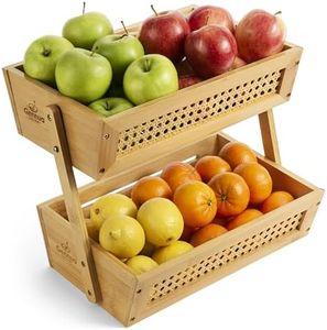 Gennua Kitchen Bamboo Fruit Basket for Kitchen Counter & Beyond | Elegant 2-Tier Vegetable & Fruit Holder Combines Beautiful Solid Bamboo & Breathable Rattan Mesh for Produce Storage & More