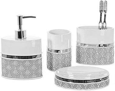 Creative Scents Mirror Damask Bathroom Accessory Set - Decorative White and Gray Bathroom Set - 4 Piece Bathroom Accessories Set Includes: Soap Dispenser, Soap Dish, Toothbrush Holder and Tumbler