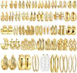 42 Pairs Gold Hoop Earrings Set for Women, Fashion Chunky Pearl Earrings Multipack Twisted Statement Earring Pack, Hypoallergenic Small Big Hoops Earrings for Birthday Party (Gold-42 pairs)