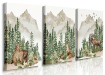 GUBIYU Woodland Nursery Prints,Woodland Animals Wall Art Framed Canvas Mountain Print,Boy Woodland Nursery Print,Boy Wall Art, Jungle Theme Nursery Decor Watercolor Woodland Nursery Wall Decor 12"x16"