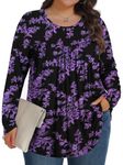 Womens Plus Size Tops Long Sleeve Tunic Crew Neck Casual Loose Shirts Clothes Black Purple Flowers 4X