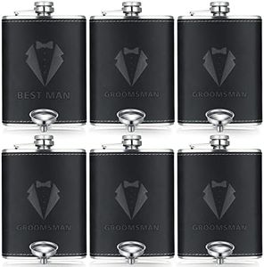 Groomsman Gifts Set of 6 Flask for Men 8 oz Groomsman Proposal Gifts Stainless Steel Tuxedo Hip Flask Bachelor Party Favors Black Best Man Groomsmen Flask for Best Man and Groomsman Proposal Wedding