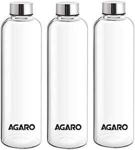 AGARO Elite Borosilicate Glass Water Bottles, Pack of 3, 1000ml Capacity Each, Microwave & Freezer Safe, Leak Proof & Airtight Lid, Scratch Resistant, Transparent.