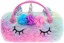 Kids Girls Boys Fluffy Faux Fur Unicorn Eyeglass Case Plush Eyewear Glasses Case Hard Shell with Handle