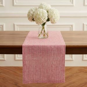 Solino Home 100% Pure Linen Table Runner 14x156 Inch - Narrow Stripe Red and White Cloth Runner for Dining Buffet Table, Indoor, Outdoor - Machine Washable - Memorial Day, 4th of July