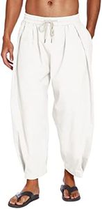 COOFANDY Men's Cotton Linen Harem Pants Drawstring Casual Cropped Trousers Lightweight Loose Beach Yoga Pants with Pockets (White, XXX-Large)