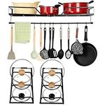 BELLE VOUS 3-in-1 Pot and Pan Hanging Rack - Iron Hanging Pot Rack/Pan Hanger - Wall-Mounted Kitchen Hanging Rack for Pots, Pans & Utensils - 10 Pot Rack Hanging Hooks, Shelf & Detachable Rail