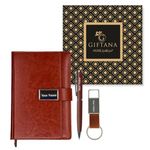 Giftana Personalized Diary with Pen and Metal Keychain Gift Set with Name, 3 in 1 Personalized Organiser Diary Combo Gift for Husband, Father, Corporate Customized New Year Gift for Employees -Brown