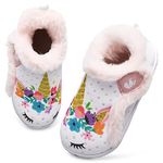 JIASUQI Boys Girls Soft Fleece Slippers Indoor Walking Shoes Warm Winter House Fur Lined Slippers White Pink, 9-10 Toddler