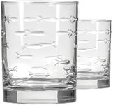 Rolf Glass School of Fish 13 oz Double Old Fashioned Whiskey Cocktail Glass | Set of 2 | Engraved Lead-free Tumbler Glasses | Made in the US