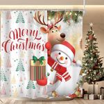 Cinbloo Merry Christmas 72Wx72H Shower Curtain Kids Xmas Cute Cartoon Snowman Reindeer Elk Tree Bathroom Curtain Set Winter Holiday Bath Curtain Cloth Fabric Bathroom Accessories Decor with 12 Hooks