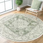 LIVEBOX Medallion Round Area Rug 5ft, Vintage Washable Sage Green Circle Rug for Bedroom, Low-Pile Soft Round Carpet for Living Room, Ideal for High Traffic Areas in Entryway