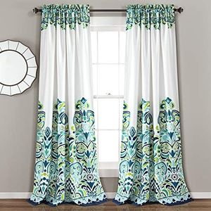 Lush Decor Clara Curtains Paisley Damask Print Bohemian Style Light Filtering Window Panel Set for Living, Dining, Bedroom (Pair), 52" W x 84" L, Blue & Green