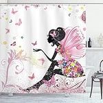 Ambesonne Fantasy Shower Curtain, Girl Silhouette in a Floral Dress Surreal Garden Flying Butterflies Print, Cloth Fabric Bathroom Decor Set with Hooks, 69" W x 70" L, Multicolor