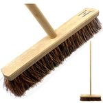 18” Stiff Outdoor Garden Broom Yard Brush with Natural Bassine Hard Bristle - Wooden Long Handled Brush for Garden, Decking, Pathways and Driveways - Perfect for Commercial and Industrial Cleaning