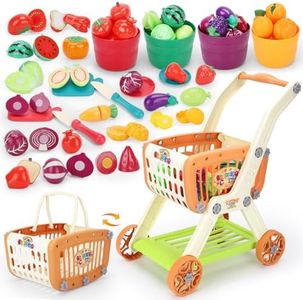 Kids Shopping Cart with Cutting Play Food Set for Kid Kitchen, 2 in 1 Shopping Cart for Kids Grocery Store Pretend Play Kitchen Accessories Sorting Food Bucket Learning Toys Gift for Toddler 3-5