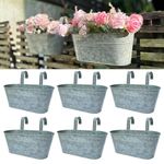 LaLaGreen Outdoor Rail Planter - 6 Pack, 11.2 Inch Silver Metal Iron Hanging Flower Pots Deck Railings Fence Buckets Modern Countryside Boho Style Wall Mount Window Box Plant Holder Hooks Porch Decor