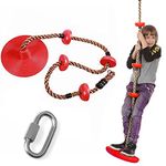 REZNOR Platforms Disc Tree Swing Seat and Climbing Knot Rope with Carabiner Hook for Kids Outdoor Playground Set (Red-with Disc)