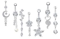 7PCS 14G 316L Surgical Steel CZ Belly Bars Kit with Cubic Zirconia Silvery Dangly Belly Button Ring Curved Body Piercing Jewelry Barbells for Women Girls