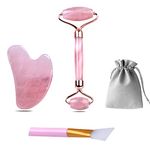 Charmonic Jade Roller & Gua Sha Set, 4 in 1 Facial Roller with Gua Sha Scraping Tool and Silicone Brush, Rose Quartz Roller Massager for Face, Eyes, Neck Relaxing and Remove Wrinkles & Eye Puffiness