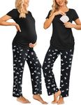 Ekouaer Women Maternity Nursing Pajama Set Breastfeeding Sleepwear Set Short Sleeve Postpartum Pajamas Floral Black S