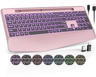 Wireless Keyboard with 7 Colored Backlits, Wrist Rest, Phone Holder, Rechargeable Ergonomic Computer Keyboard with Silent Key, Full Size Lighted Keyboard for Windows, Mac, PC, Laptop (Rose Gold)