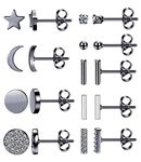 FIBO STEEL 9 Pairs Stainless Steel Stud Earrings for Women Star Moon Bar CZ Earring Stud Sets Cute Hypoallergenic Small Stud Earring