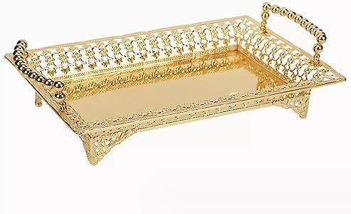 Rectangle Gold Polished Metal Serving Tray,Vintage Fruit Snack Tray with Handles,Storage Cookie Cakes Desserts Food Candy Buffet Platter Serving Trays for Party Cosmetics Jewelry Organizer