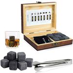 Whiskey Stones Gift Set,WOVTE 9 pcs Natural Soapstone and Granite Chilling Rocks with Stylish Box,Ice Tongs and Free Velvet Pouch (Black, Granite)