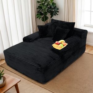 POEM PANDA 67 Inch Oversized Lounge Chair, Lazy Lounge Sofa Bed, Chaise Lounge Sofa Chair Bed for Living Room with Armrests and Pillows, Modern Plush Corduroy Black Sofa Couch