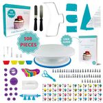 108 Pcs Cake Decorating KIT | Non-Slip Turntable | Leveler 2-Wire | 48 Numbered Icing Tips | Straight & Angled Spatulas | 10 Pastry Bags & Silicone Bag | 2 Flowers Nails & Lifter | Gift Box