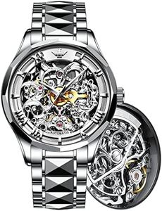 Watches for Men Skeleton Automatic Mechanical Men Watch -Self Winding- Sapphire Crystal Luxury Dress Tungsten Steel Waterproof, White Strap - White Dial-1,