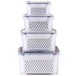 4 Pack Large Fridge Food Storage Container Set with Lids with Strainer, Fruit Vegetable Storage Containers Keep Fruits, Vegetables, Berry, Meat Fresh longer , BPA-Free Plastic Produce Keepers