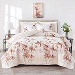 Botanical Quilt Set 3 Piece Full/Queen, Burnt Orange Leaves on White Design Reversible Bedspread Coverlet Set, Soft Microfiber Lightweight Bed Cover for All Season (90" x 90", 1 Quilt+ 2 Pillow Shams)