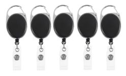 GLUN® Oval Round Reel ID Card Holder, ID Badge Reel Clip On Card Holders (5 Units, Black)