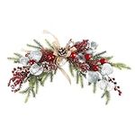 Topotdor Artificial Christmas Swags 24" Traditional Pine Cone and Red Berry Swag Wreath Garland for Front Door Window Mantel Wall Xmas Decor,Red