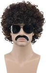 karlery Men Women Rocker Short Bob Curly Brown Gold Mustache Beard Disco Wig California Halloween Cosplay Afro Wig Anime Costume Party Wig