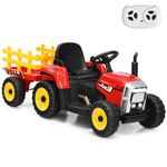 GYMAX Kids Electric Tractor with Detachable Trailer, Remote Control, LED Lights, Music, Horn, USB & Bluetooth, 12V Battery Powered Ride on Car for 3 Years Old + Boys Girls (Red)