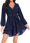 PCEAIIH Women's Cocktail Dresses Short/Long Sleeve Empire Skater Dress Deep V-Neck Waist Tie Ruffle Mini Swing Dresses S Navy