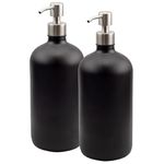 Cornucopia 32oz Black Glass Pump Bottles w/Stainless Steel Pumps (2-Pack); Black-Coated Economy Size Dispenser for Oils, Lotions, Liquid Soaps