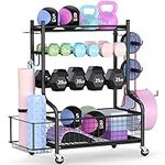 Mythinglogic Dumbbell Rack Stand, Multifunctional Weight Rack for Dumbbells, Yoga Mat, Fascia Roller, Kettlebell and Yoga Block, Powder-Coated Steel Dumbbell Stand with Wheels and Hooks