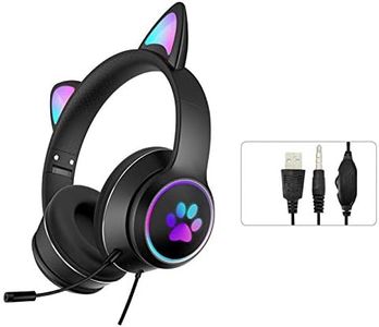 QOONESTL Gaming Headset Foldable Cat Ear Headphone with RGB LED Light, Stereo Sound Headphones with Microphone, USB 3.5mm Wired Over-Ear Gaming Headsets for Kids and Adult