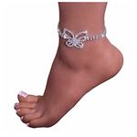 Crystal Butterfly Heart Anklet Bracelet Boho Layered Rhinestone Star Beach Bling Summer Foot Chin Barefoot Sandal Jewelry for Women Girls Teens(Silver A)