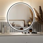 furduzz Round LED Bathroom Mirror with Black Frame, 700mm Vanity Mirror with Lights, Illuminated Wall Mounted Mirror with Anti-fog,Memory Function,3 Colors,Dimmable,Shatter-Proof Tempered Mirror