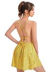 Aahwan Women's Polyester Yellow Backless Lace Up Ditsy Floral Printed Mini Cami Dress (186-Yellow, M)