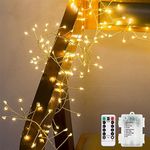 CCILAND 3m Remote Garland String Lights for Bedroom, 8 Mode 200 LED Cluster Light Battery Operated with Timer, Dimmable Wedding Party Decor Light for Tree Vase Window (Warm White, Silver Wire)